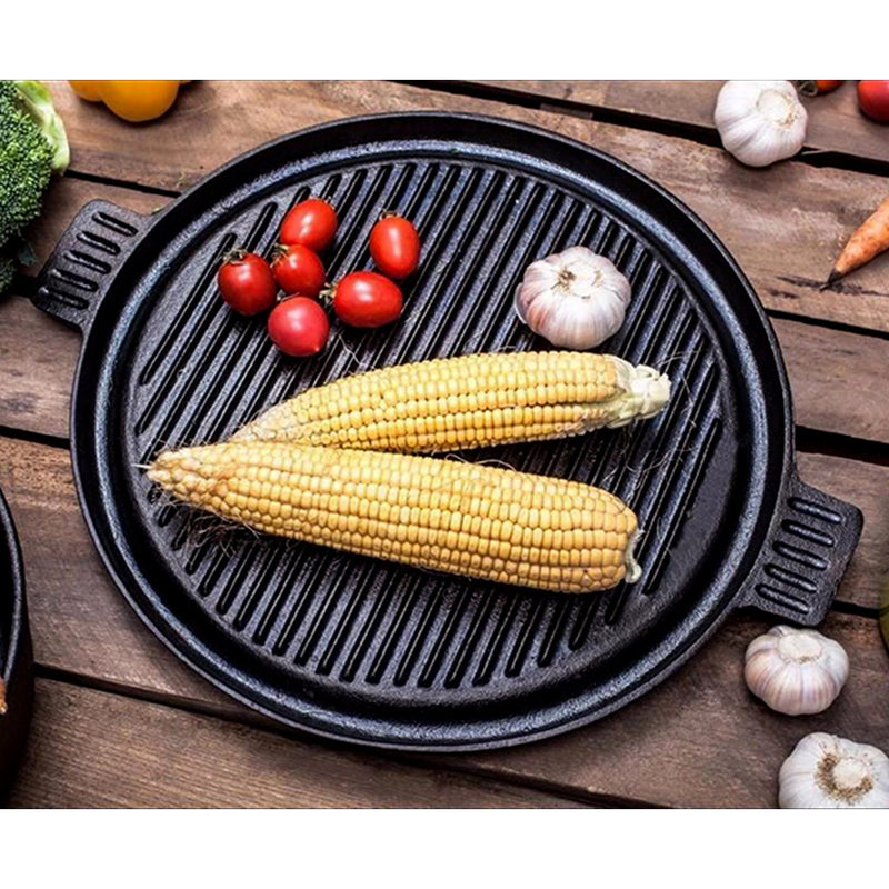 43cm Round Ribbed Cast Iron Frying Pan Skillet Steak Sizzle Platter with Handle