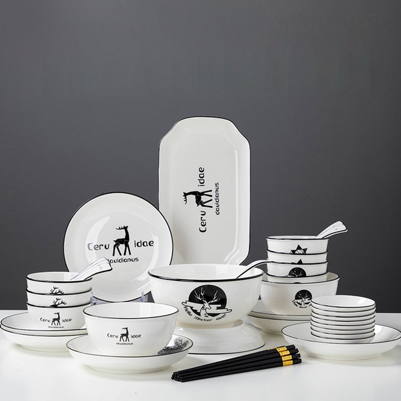 White Antler Printed Ceramic Dinnerware Set Crockery Soup Bowl Plate Server Kitchen Home Decor Set of 28