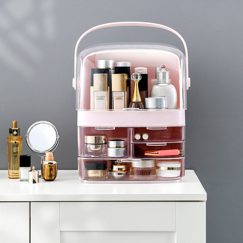 3 Tier Pink Countertop Makeup Cosmetic Storage Organiser Skincare Holder Jewelry Storage Box with Handle