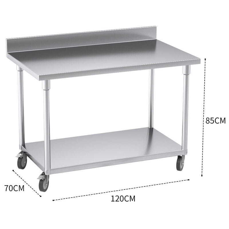 120cm Commercial Catering Kitchen Stainless Steel Prep Work Bench Table with Backsplash and Caster Wheels