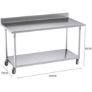 150cm Commercial Catering Kitchen Stainless Steel Prep Work Bench Table with Backsplash and Caster Wheels