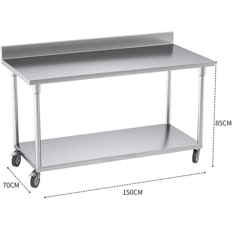 150cm Commercial Catering Kitchen Stainless Steel Prep Work Bench Table with Backsplash and Caster Wheels