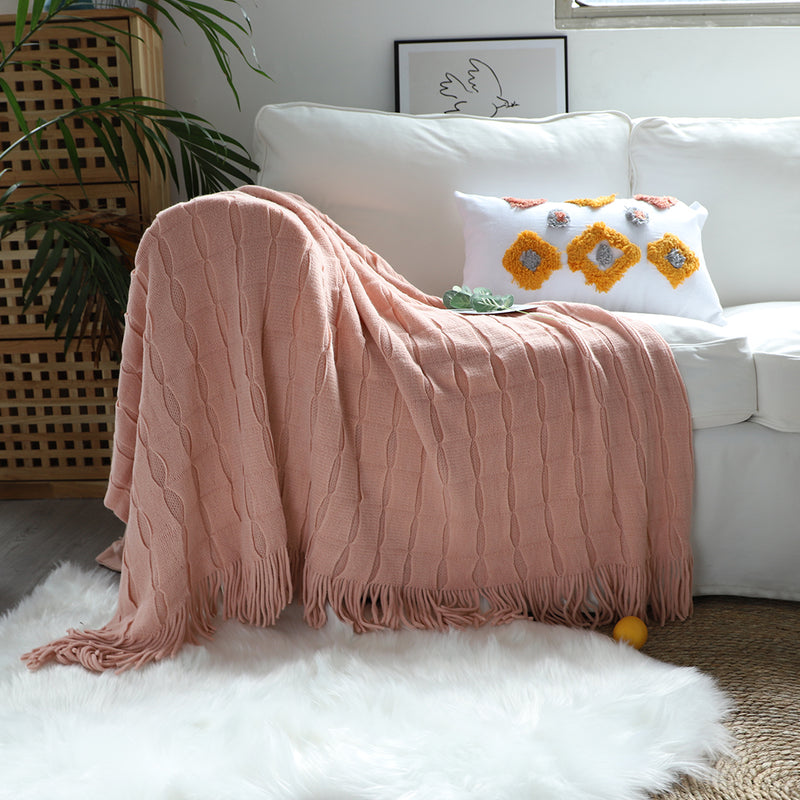 Pink Textured Knitted Throw Blanket Warm Cozy Woven Cover Couch Bed Sofa Home Decor with Tassels