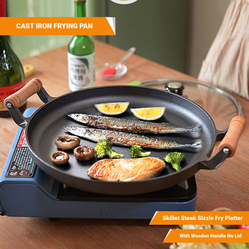 31cm Cast Iron Frying Pan Skillet Steak Sizzle Fry Platter With Wooden Handle No Lid