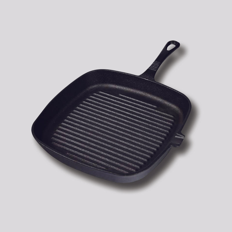 23.5cm Square Ribbed Cast Iron Frying Pan Skillet Steak Sizzle Platter with Handle