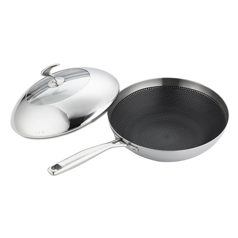 2X 18/10 Stainless Steel Fry Pan 30cm Frying Pan Top Grade Cooking Non Stick Interior Skillet with Lid