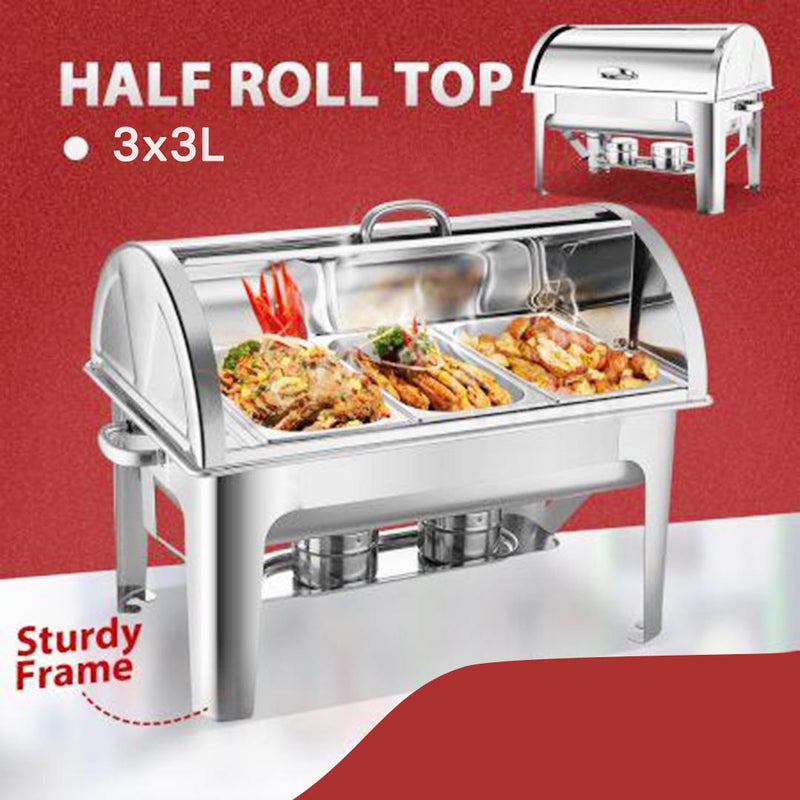 3L Triple Tray Stainless Steel Roll Top Chafing Dish Food Warmer