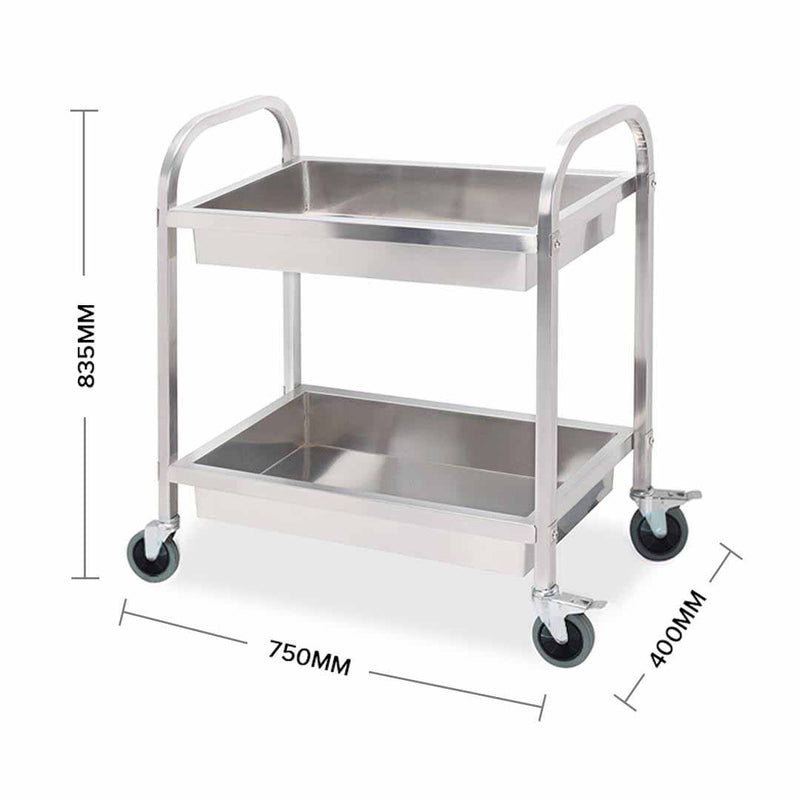 2 Tier 75x40x83cm Stainless Steel Kitchen Trolley Bowl Collect Service Food Cart Small