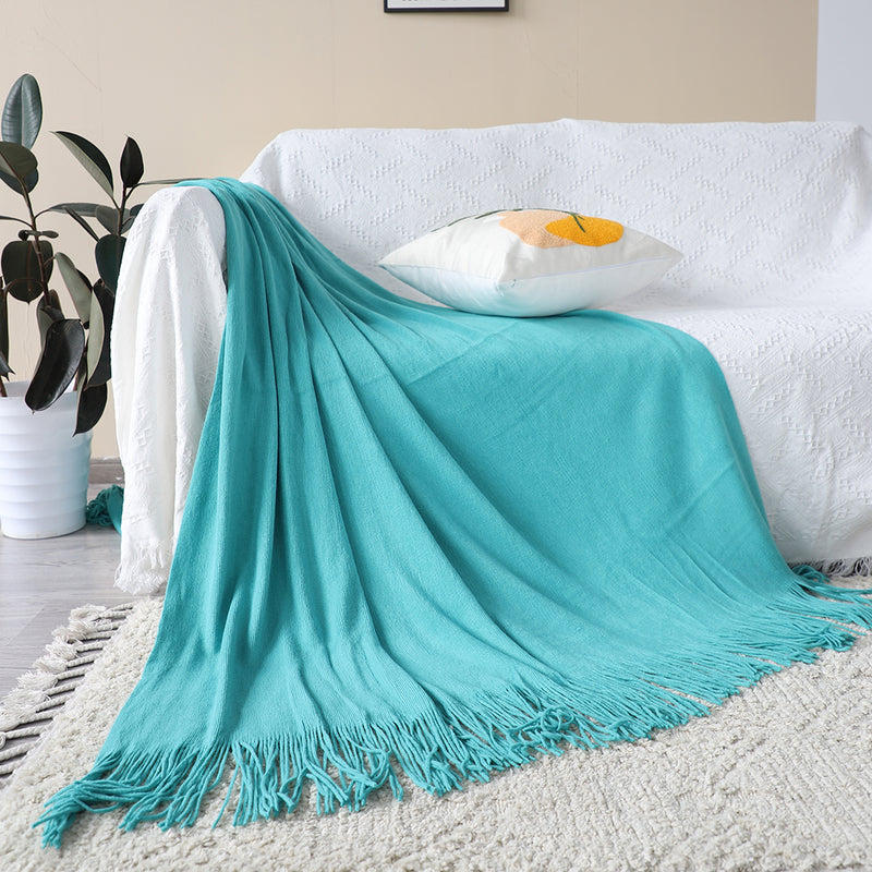 Teal Acrylic Knitted Throw Blanket Solid Fringed Warm Cozy Woven Cover Couch Bed Sofa Home Decor