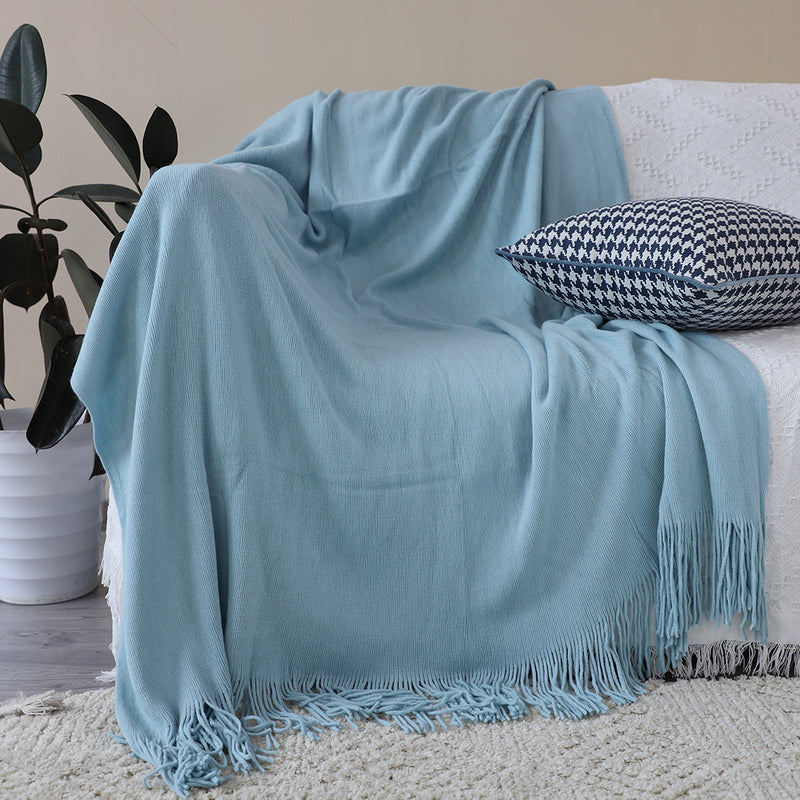 Sky Blue Acrylic Knitted Throw Blanket Solid Fringed Warm Cozy Woven Cover Couch Bed Sofa Home Decor