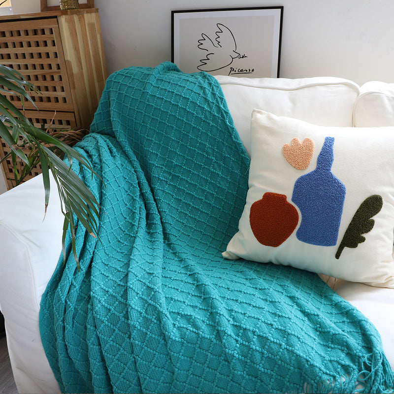 Teal Diamond Pattern Knitted Throw Blanket Warm Cozy Woven Cover Couch Bed Sofa Home Decor with Tassels