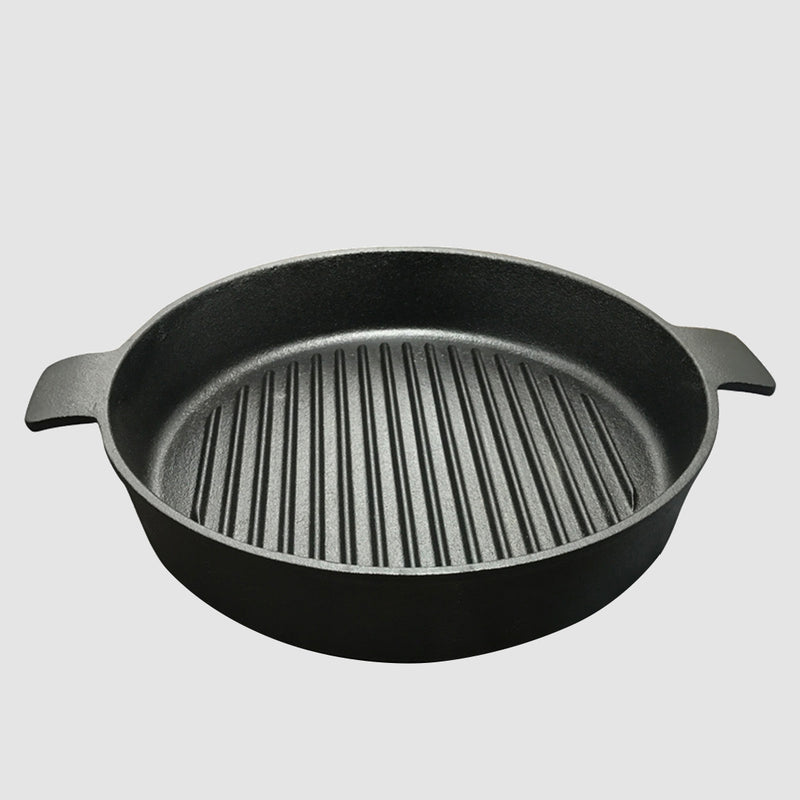26cm Round Ribbed Cast Iron Frying Pan Skillet Steak Sizzle Platter with Handle
