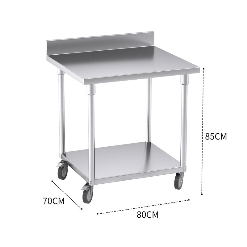 80cm Commercial Catering Kitchen Stainless Steel Prep Work Bench Table with Backsplash and Caster Wheels