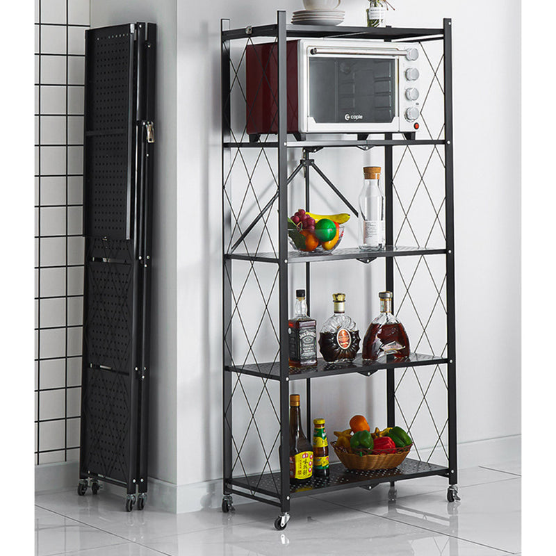 5 Tier Steel Black Foldable Kitchen Cart Multi-Functional Shelves Portable Storage Organizer with Wheels