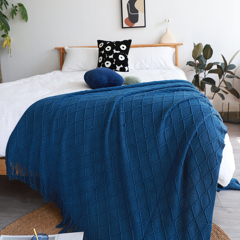 Royal Blue Diamond Pattern Knitted Throw Blanket Warm Cozy Woven Cover Couch Bed Sofa Home Decor with Tassels