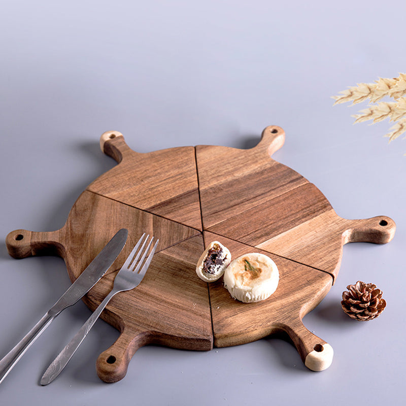 2X  6 pcs Brown Round Divisible Wood Pizza Server Food Plate Board Pizza Paddle Cutting Board Home Decor