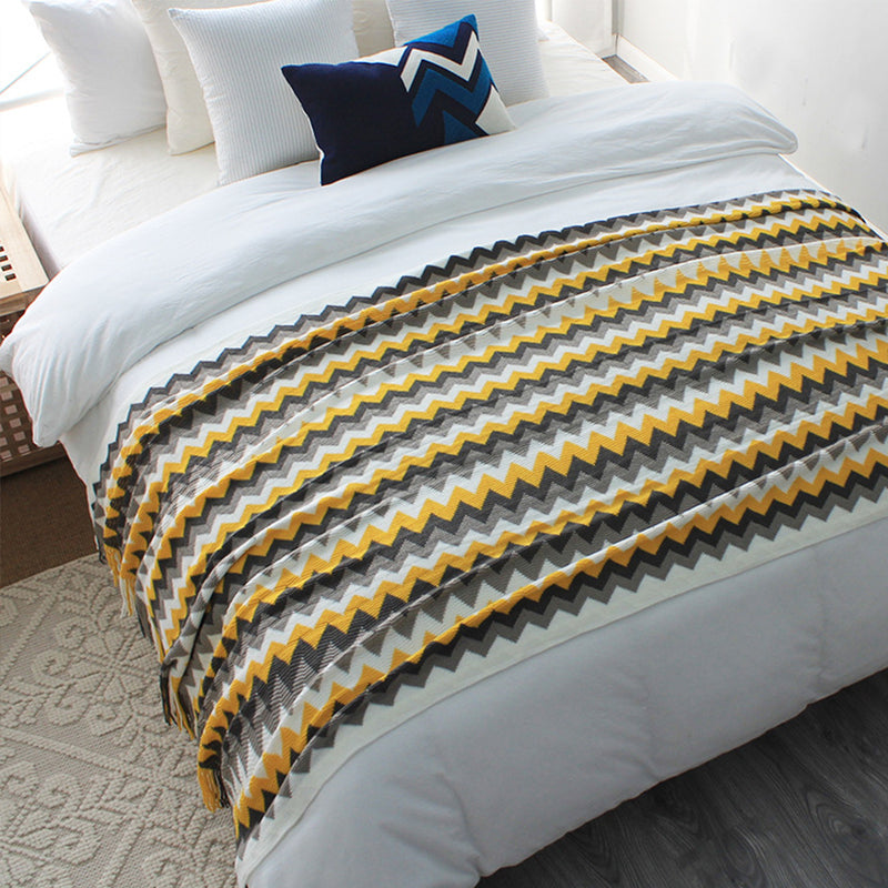 2X 170cm Yellow Zigzag Striped Throw Blanket Acrylic Wave Knitted Fringed Woven Cover Couch Bed Sofa Home Decor