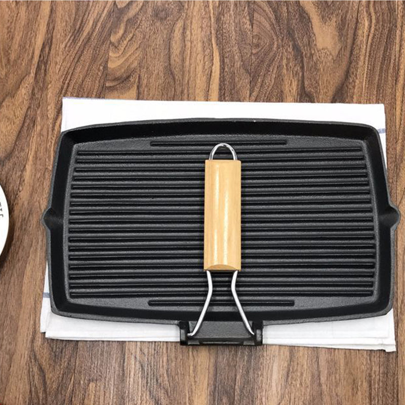 2X 20.5cm Rectangular Cast Iron Griddle Grill Frying Pan with Folding Wooden Handle