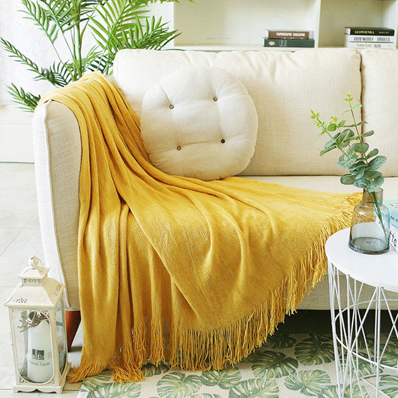 2X Yellow Acrylic Knitted Throw Blanket Solid Fringed Warm Cozy Woven Cover Couch Bed Sofa Home Decor