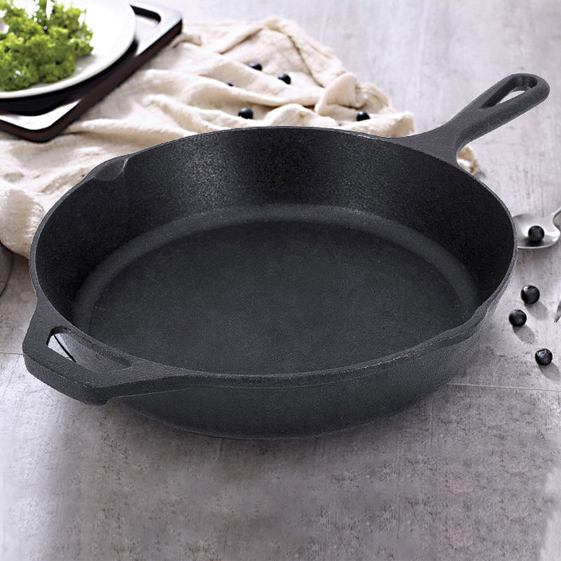 30cm Round Cast Iron Frying Pan Skillet Steak Sizzle Platter with Helper Handle