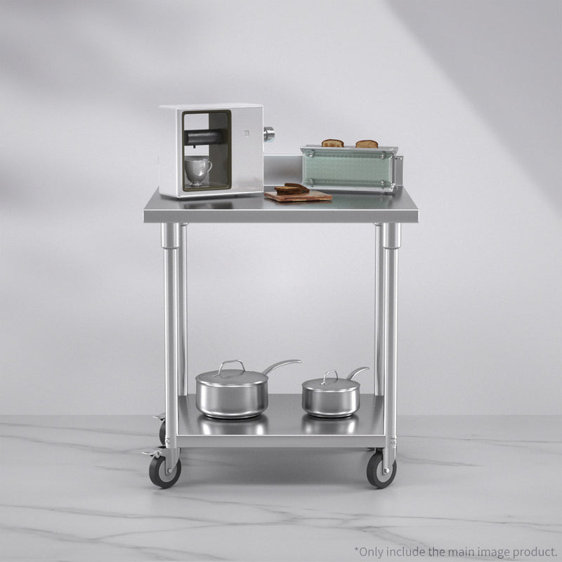 80cm Commercial Catering Kitchen Stainless Steel Prep Work Bench Table with Backsplash and Caster Wheels