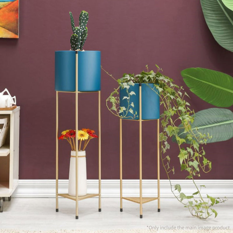 2 Layer 81cm Gold Metal Plant Stand with Blue Flower Pot Holder Corner Shelving Rack Indoor Display