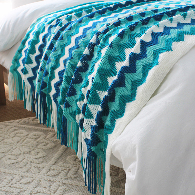 2X 220cm Blue Zigzag Striped Throw Blanket Acrylic Wave Knitted Fringed Woven Cover Couch Bed Sofa Home Decor