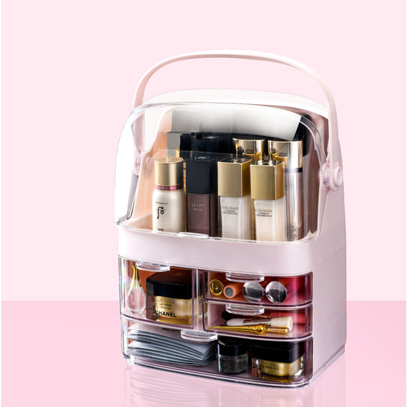 3 Tier Pink Countertop Makeup Cosmetic Storage Organiser Skincare Holder Jewelry Storage Box with Handle