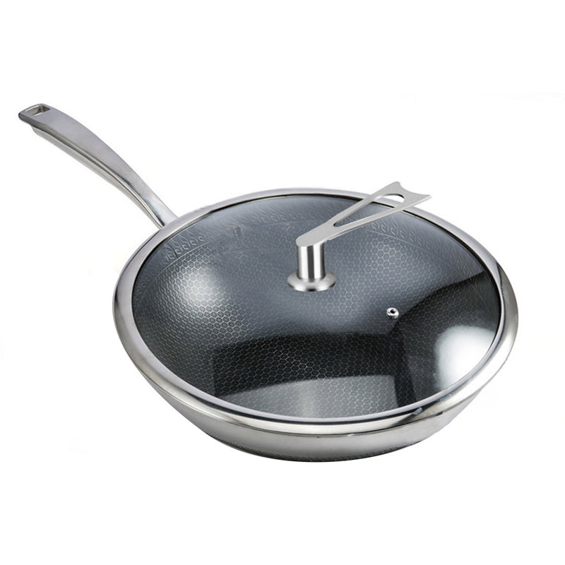 32cm Stainless Steel Tri-Ply Frying Cooking Fry Pan Textured Non Stick Interior Skillet with Glass Lid