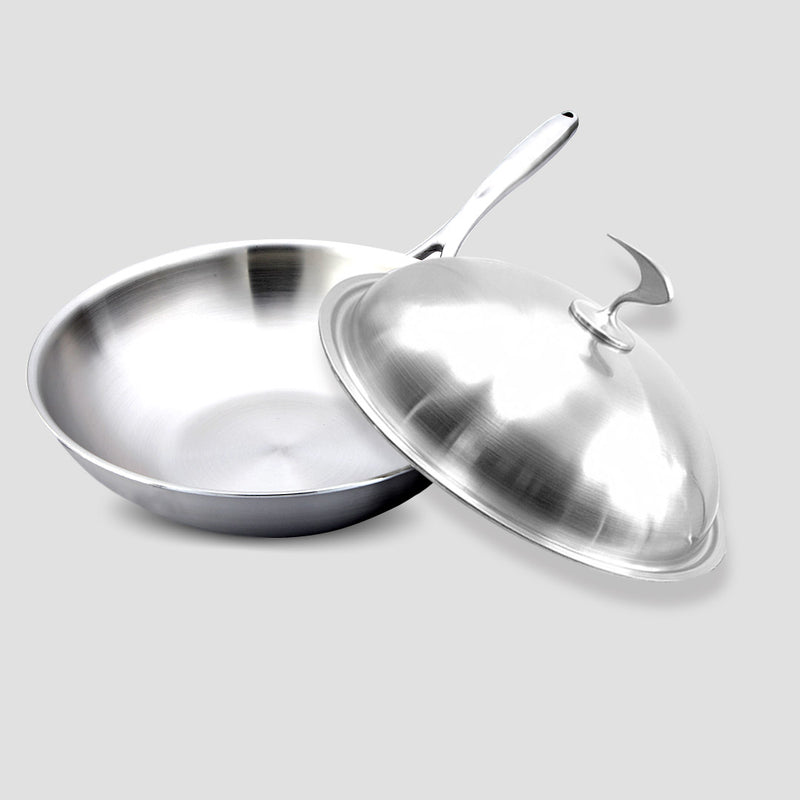 2X 18/10 Stainless Steel Fry Pan 32cm Frying Pan Top Grade Cooking Skillet with Lid