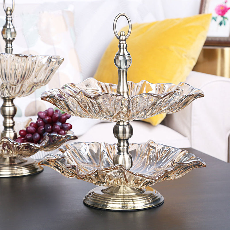 2 Tier Bronze Lotus Vertex Crystal Glass Fruit Bowl Candy Holder Countertop Dessert Serving Basket Decor