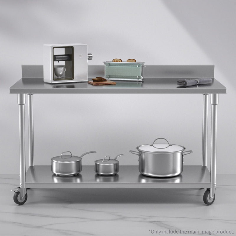 150cm Commercial Catering Kitchen Stainless Steel Prep Work Bench Table with Backsplash and Caster Wheels