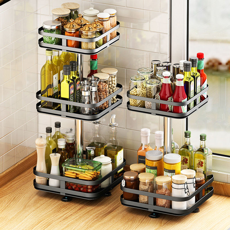 2 Tier Steel Black Square Rotating Multi-Function Kitchen Portable Storage Spice Seasoning Kitchen Countertop Organiser Shelf