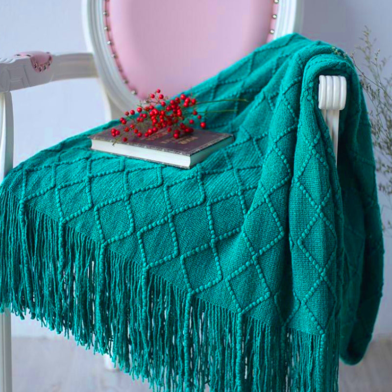 2X Teal Diamond Pattern Knitted Throw Blanket Warm Cozy Woven Cover Couch Bed Sofa Home Decor with Tassels