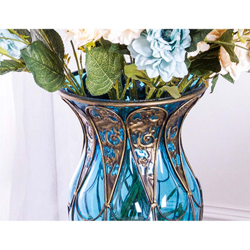 85cm Green Glass Tall Floor Vase and 12pcs Blue Artificial Fake Flower Set