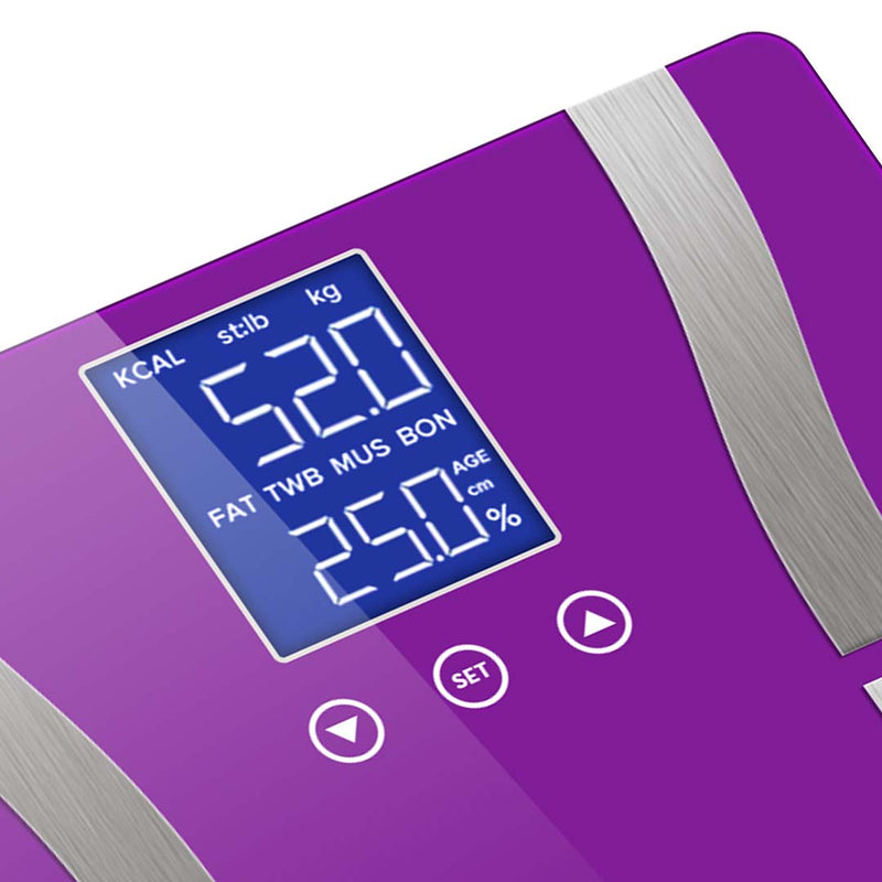 Glass LCD Digital Body Fat Scale Bathroom Electronic Gym Water Weighing Scales Purple