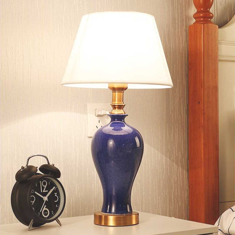 2X Blue Ceramic Oval Table Lamp with Gold Metal Base