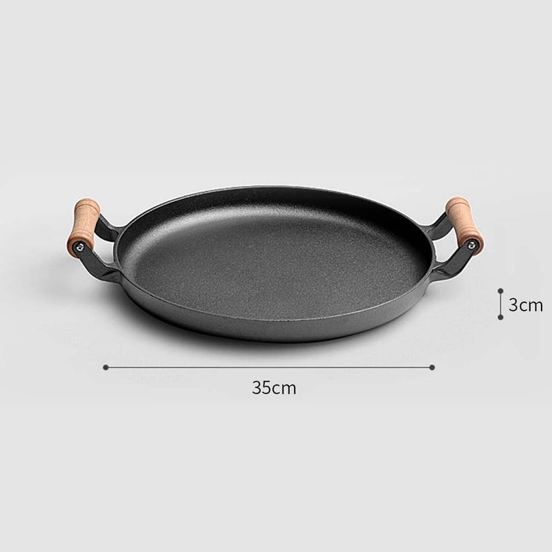 2X 35cm Cast Iron Frying Pan Skillet Steak Sizzle Fry Platter With Wooden Handle No Lid
