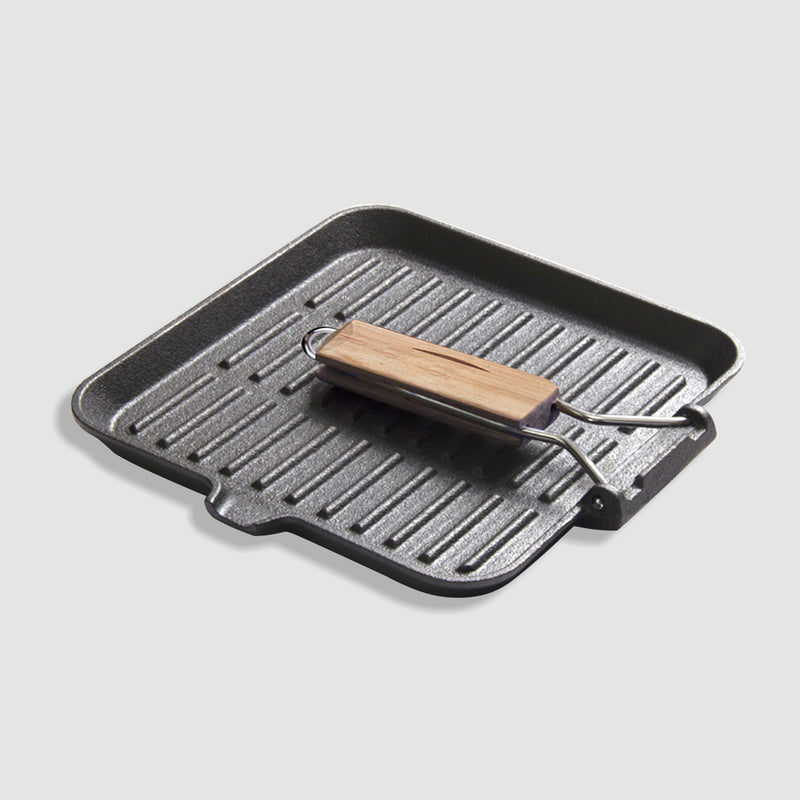 2X 24cm Ribbed Cast Iron Square Steak Frying Grill Skillet Pan with Folding Wooden Handle