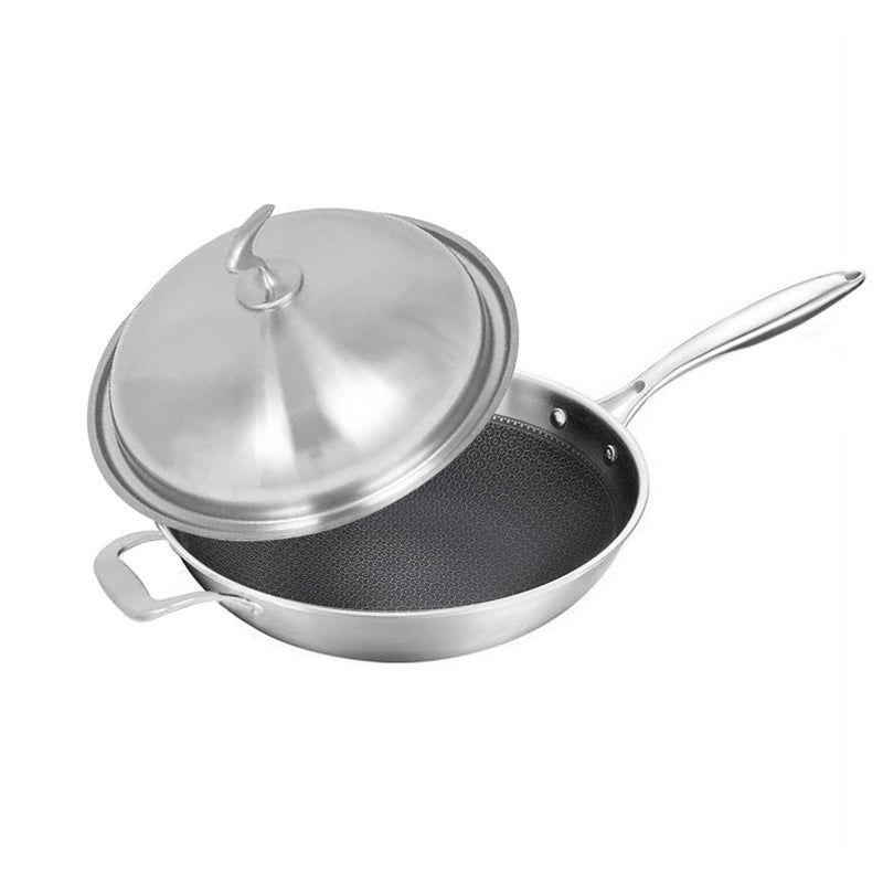 2X 18/10 Stainless Steel Fry Pan 34cm Frying Pan Top Grade Textured Non Stick Interior Skillet with Helper Handle and Lid