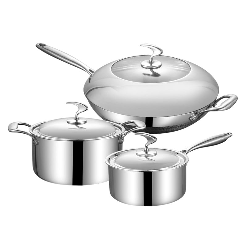 6 Piece Cookware Set 18/10 Stainless Steel 3-Ply Frying Pan, Milk, and Soup Pot with Lid