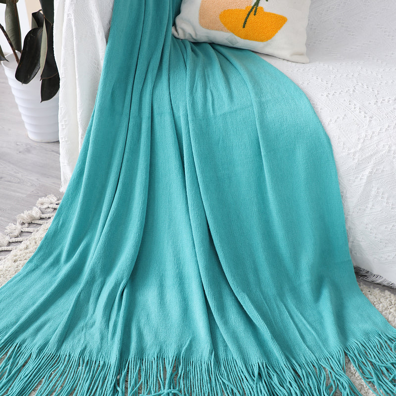 Teal Acrylic Knitted Throw Blanket Solid Fringed Warm Cozy Woven Cover Couch Bed Sofa Home Decor