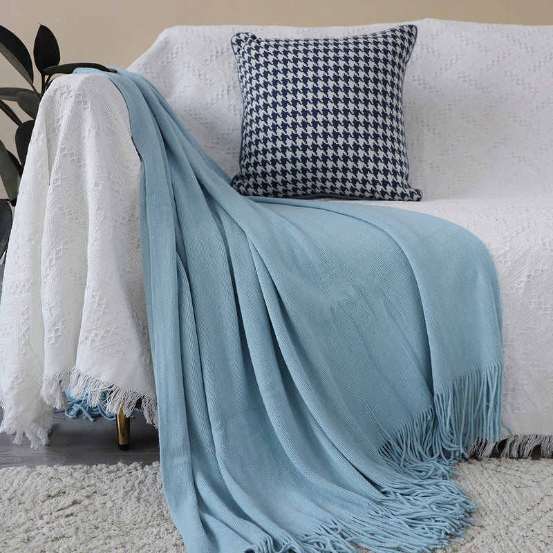 Sky Blue Acrylic Knitted Throw Blanket Solid Fringed Warm Cozy Woven Cover Couch Bed Sofa Home Decor