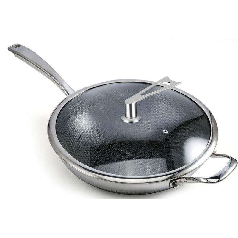 34cm Stainless Steel Tri-Ply Frying Cooking Fry Pan Textured Non Stick Skillet with Glass Lid and Helper Handle