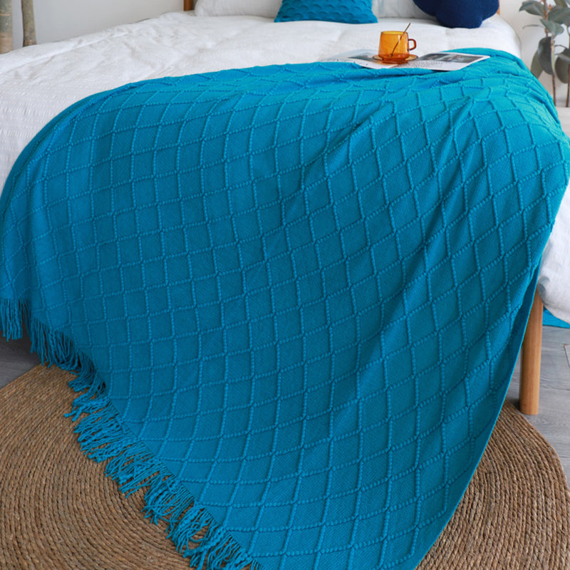 2X Blue Diamond Pattern Knitted Throw Blanket Warm Cozy Woven Cover Couch Bed Sofa Home Decor with Tassels