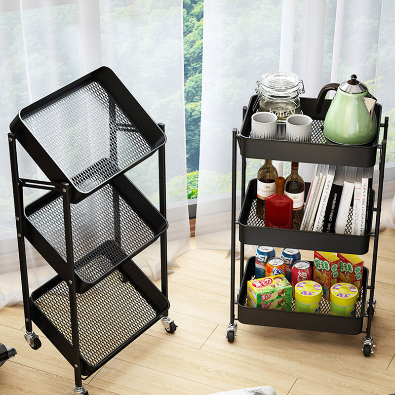 3 Tier Steel Black Foldable Kitchen Cart Multi-Functional Shelves Portable Storage Organizer with Wheels