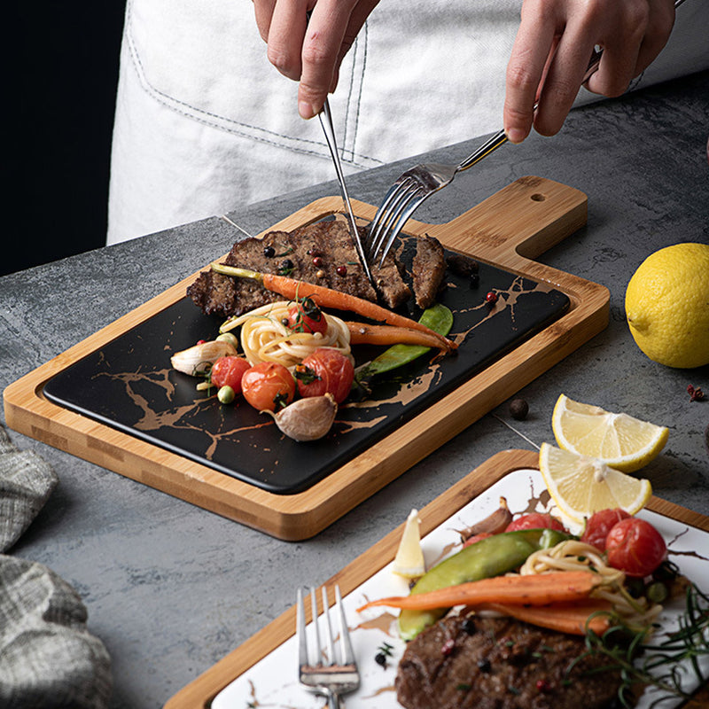 33.5cm Black Square Wooden Serving Tray Slate Steak Serving Platter Chopping Board Paddle Home Decor