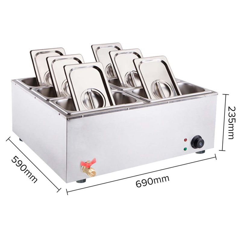 Stainless Steel 6 X 1/3 GN Pan Electric Bain-Marie Food Warmer with Lid