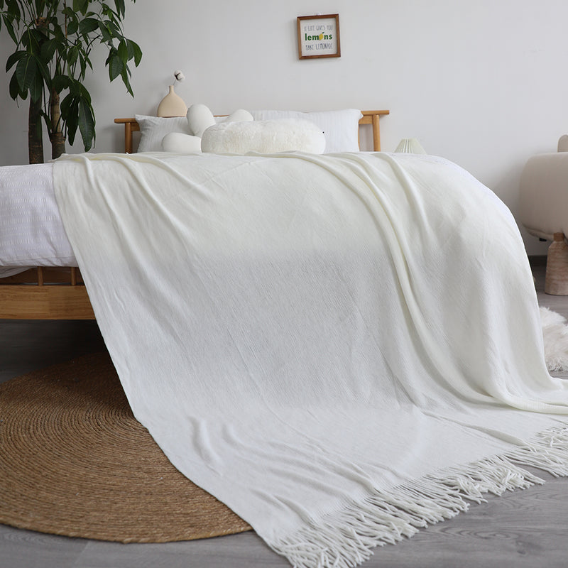 2X White Acrylic Knitted Throw Blanket Solid Fringed Warm Cozy Woven Cover Couch Bed Sofa Home Decor