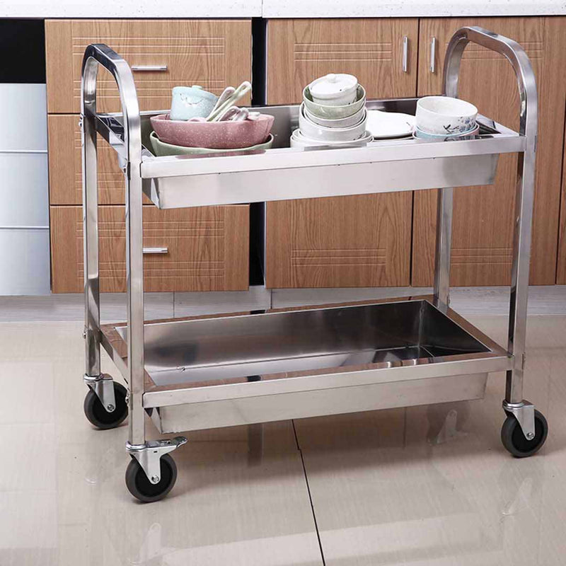 2 Tier 75x40x83cm Stainless Steel Kitchen Trolley Bowl Collect Service Food Cart Small